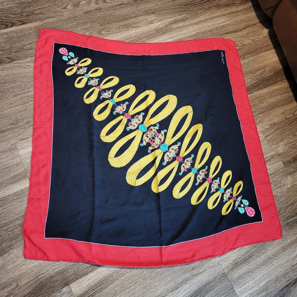 Cartier Black Scarf with Red Border and Yellow Floral Pattern